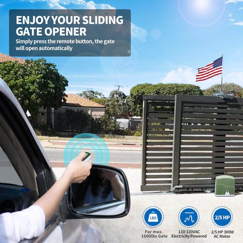 Person using remote for Beefed Up Heavy Duty Sliding Gate Opener With Rack Drive And 0.4 HP AC Motor, Supports Gates Up To 1600 Pounds