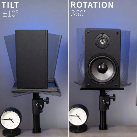 Clamp-On Speaker Stand Desk Mount Set Two-Pack With Adjustable Height And Tilt Universal 9.5x8.8 Platforms showing tilt and rotation with clock