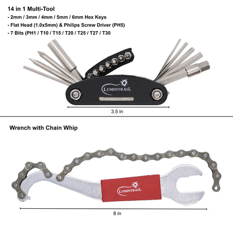 14 in 1 multi-tool with hex keys and chain whip from 38 Piece Bike Repair Tool Kit For Mountain Road And BMX Bikes With Storage Case