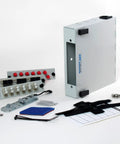 Fiber Optic Patch Panel DIN Rail Or Wall Mount With ST SC And LC Multimode Adapter Plates, splice holder, and cable securing accessories.