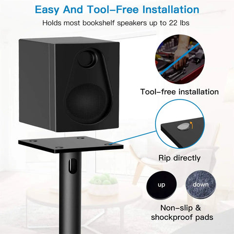 Universal Floor Speaker Stands For Surround Sound Up To 22 Lbs With 27.56 Inch Height And 45 Degree Adjustable Top Plate shown with speaker