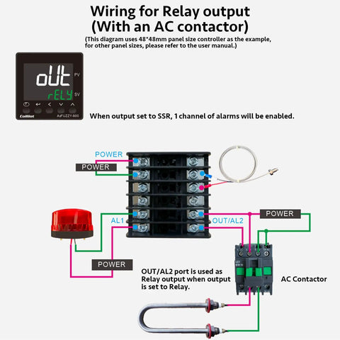 Wiring diagram for PID Temperature Controller With Dual Output Relay And SSR, showing AC contactor setup, labeled components.
