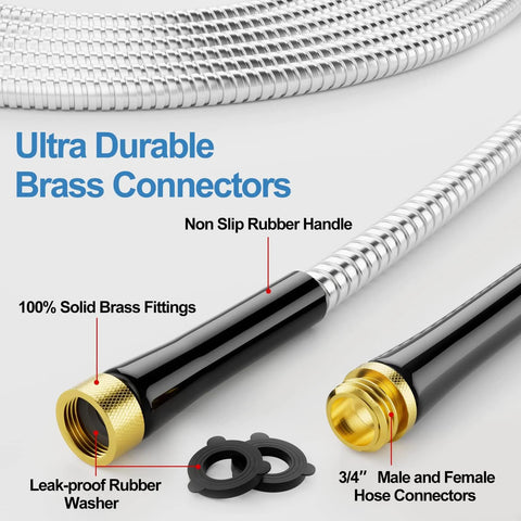 Stainless steel garden hose with 3/4 inch solid brass connectors and non-slip rubber handle.