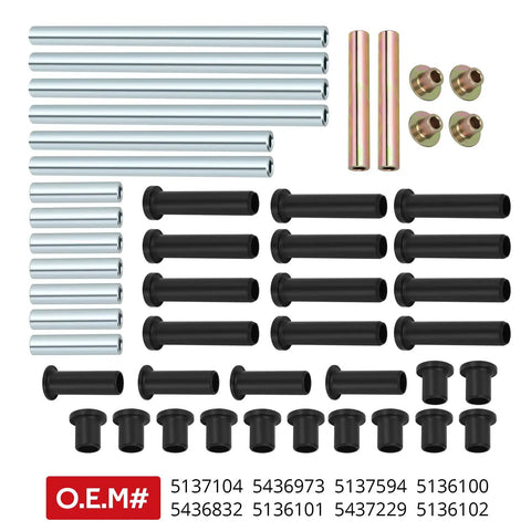 Heavy Duty Front And Rear A Arm Bushing Kit For Polaris RZR 800 Series UTVs 2008 Through 2014 Includes 800 S And 800 4 Seat Models Replace OEM 5137104 5436973 5137594 5136100 With Premium Wear Resistant Construction showing full component set.
