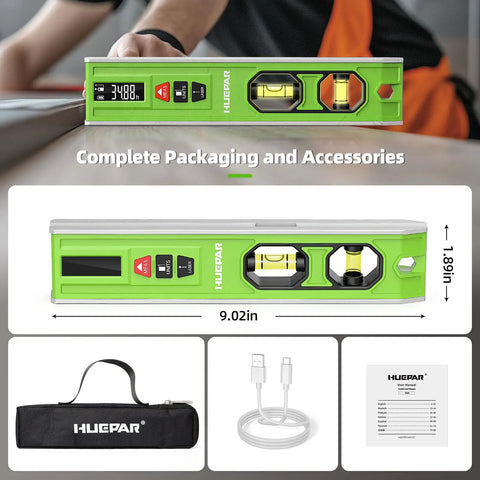 3 In 1 Laser Level And Distance Meter With Magnetic Torpedo, 9 Inch Spirit Level, LED Display, USB C Rechargeable, packaging