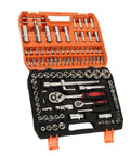 108 Piece Impact Socket Set Built From Chrome Vanadium Steel in orange case, tools displayed for car maintenance and home repairs.