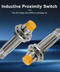 Inductive Proximity Sensor M12 4mm Detection Unshielded 4Pcs NPN NO Output, focus on yellow head and threaded body, industrial use.