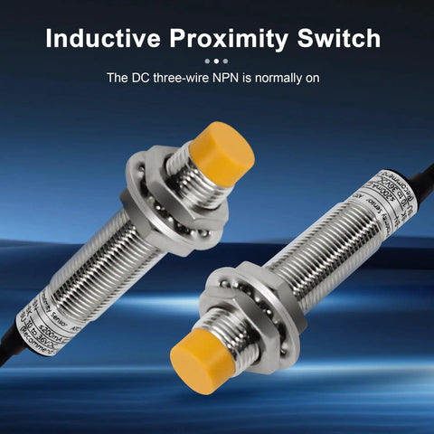 Inductive Proximity Sensor M12 4mm Detection Unshielded 4Pcs NPN NO Output, focus on yellow head and threaded body, industrial use.