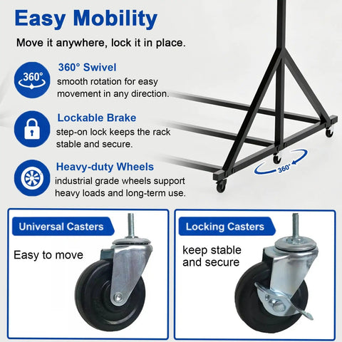 Rock Solid Commercial Life Vest Display Rack On Smooth Brake Wheels For Poolside Deck showing lockable heavy-duty wheels.