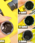 Image of an Eight Piece Spline Lug Nut Socket Set With 5 6 7 12 Spline Locking Keys, showing different spline sizes and chrome molybdenum steel construction.