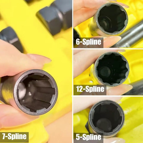 Image of an Eight Piece Spline Lug Nut Socket Set With 5 6 7 12 Spline Locking Keys, showing different spline sizes and chrome molybdenum steel construction.