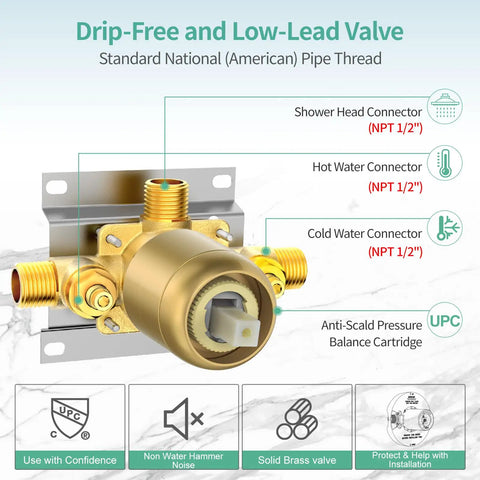 Drip-free valve in High Pressure 3 Way Rainfall Shower Faucet Set With 3 In 1 Shower Head And Handheld, brushed gold, UPC certified.