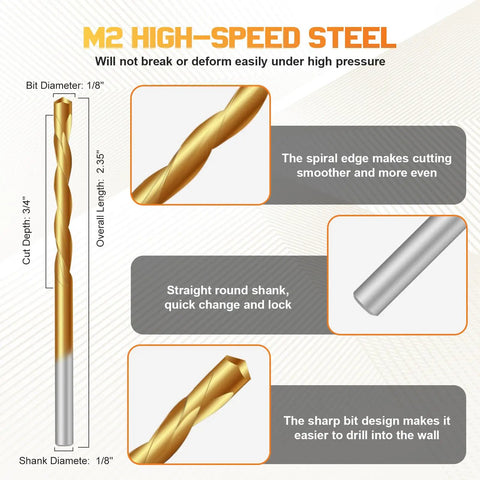 50-Piece One Eighth Inch Spiral Drywall Router Bit Set High Speed Steel For Precise Cuts Drywall Kit with guide point details