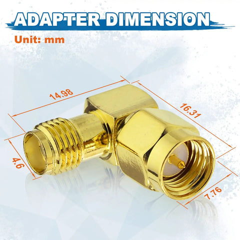 Right Angle SMA Male To SMA Female Antenna Adapter 90 Degree Elbow Connector with dimensions, gold plated, 50 Ohm