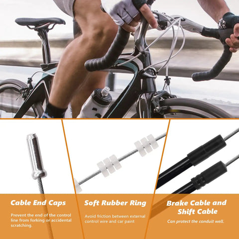 Universal Bike Brake Cable Kit And Housing Replacement Set With Stainless Steel Cable Cutter shown on cyclist and components