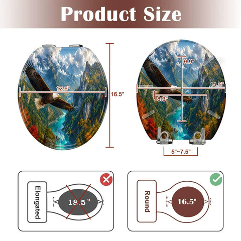 Round Majestic Bald Eagle Soaring Scenic Mountain Valley Toilet Seat size guide showing dimensions of 16.5" height and 12.6" width.