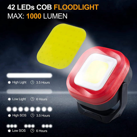 Beast COB LED Work Light With 42 LEDs, 1000 Lumens, rechargeable, red magnetic flashlight with multiple lighting modes