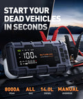 Close-up of Beast All In One Jump Starter With Air Compressor And Power Bank, 8000A Peak, connected to car battery with jump cables.