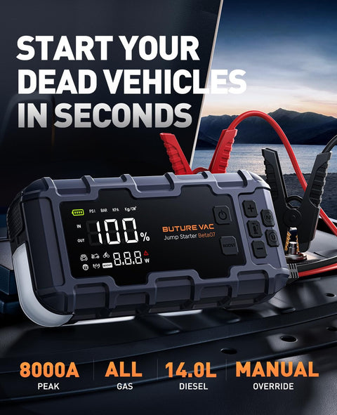 Close-up of Beast All In One Jump Starter With Air Compressor And Power Bank, 8000A Peak, connected to car battery with jump cables.