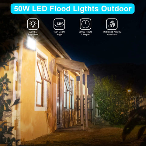 Hella Bright 50W LED Flood Lights Outdoor 5000 Lumens IP66 Waterproof illuminating house exterior at night