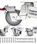 Heavy Duty 4 Inch Casters Set Of 4 With Dual Spring Shock Absorption, 360 Degree Swivel Caster Wheels With Brake, Quiet TPR Industrial Castors For Workbench, Cart, Trolley, Toolbox And Outdoor Use shown with hardware and tools.