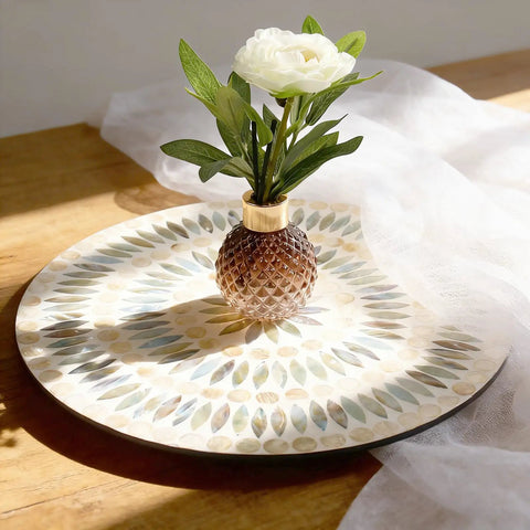 13.4 Inch Round Mother Of Pearl Lazy Susan With Dot Blue Shell Design Hella Smooth Rotating Turntable Tray with flower vase