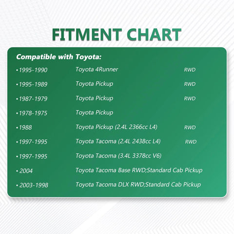 Fitment chart showing compatibility with Toyota 4Runner 1990-1995, Pickup 1975-1995, Tacoma 1995-2004 models