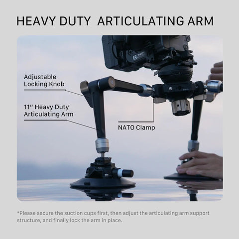 Hydra Articulating Car Mounting System with 75mm bowl head, NATO clamp, adjustable arm, and suction cups on car roof