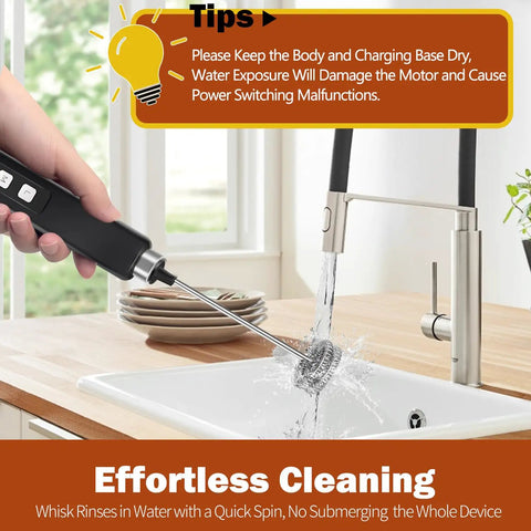 Rechargeable Milk Frother Handheld With 3 Detachable Stainless Whisks being rinsed under a tap in a kitchen sink
