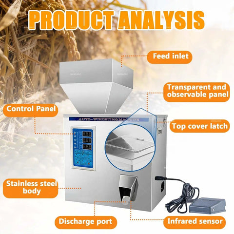 Automatic Digital Filling Machine With Precision Scale And Foot Pedal For Coffee Beans Seeds Powder Packaging Smart Doser showing control panel, feed inlet, and discharge port.