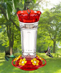 Outdoor Hummingbird Feeder 18 Oz With 6 Bee Guard Ports, Built-In Ant Moat, 360 Degree View hanging in garden with birds