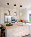 Farmhouse Pendant Light With Seeded Glass And Metal Cage, Rustic Wood Finish Island Lighting Fixture For Kitchen And Dining Room