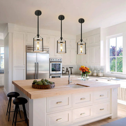 Farmhouse Pendant Light With Seeded Glass And Metal Cage, Rustic Wood Finish Island Lighting Fixture For Kitchen And Dining Room