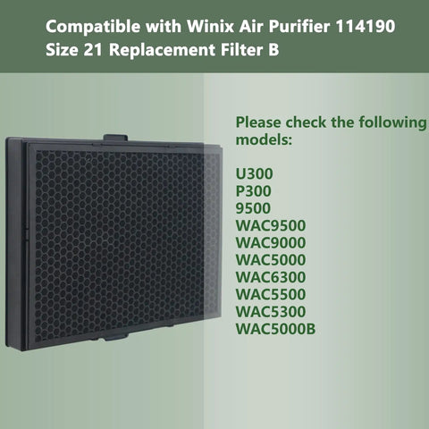 HEPA Filter B Replacement For 114190, size 21 compatible with Winix air purifiers, shown from side angle with honeycomb design