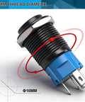 Side view of black 16mm raised speaker horn momentary push button switch with blue LED, 1NO 1NC SPDT, prewired for car modification.
