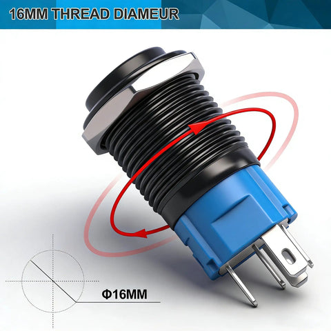 Side view of black 16mm raised speaker horn momentary push button switch with blue LED, 1NO 1NC SPDT, prewired for car modification.