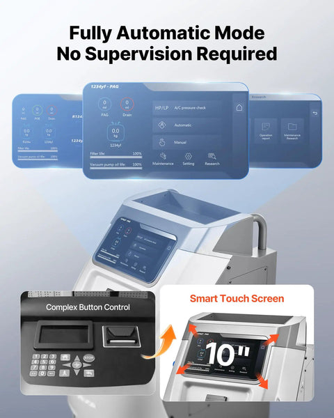 Shop Grade No Fuss Fully Automatic Refrigerant Recovery Machine For R134a And 1234yf Auto AC Service with 10 inch touchscreen display.