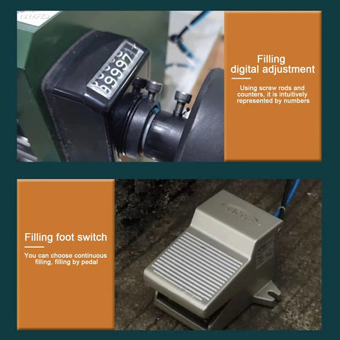 Filling digital adjustment and foot switch for Heavy Duty Horizontal Liquid And Paste Filling Machine With Dual Pneumatic Heads.