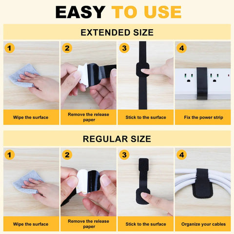 Step-by-step use of Heavy Duty Self Adhesive Cable Straps With Strong Sticky Backing Reusable Hook And Loop Ties, extended and regular sizes