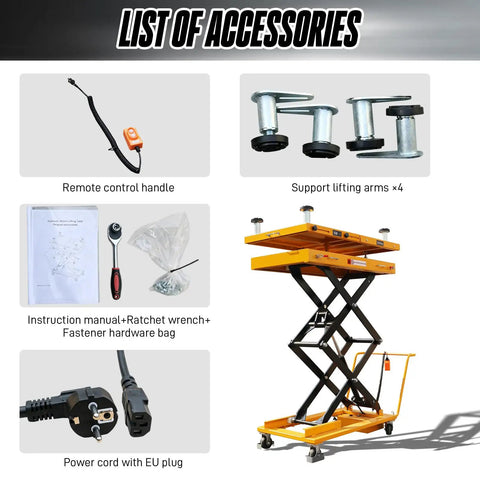 Accessories for Heavy Hammer Electric Scissor Lift Platform Rated For 2600 Pounds, including remote, lifting arms, and manual.