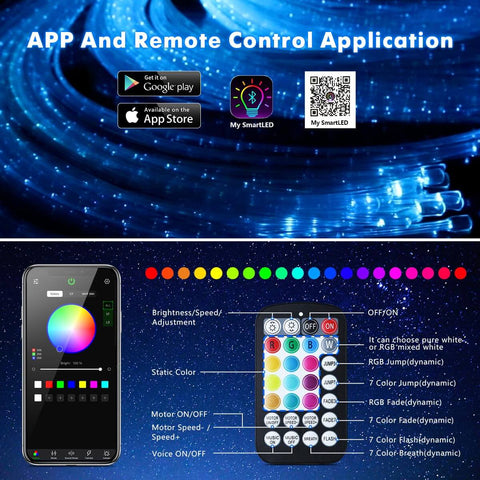 Side Glow Fiber Optic Curtain Lights 6.5 Ft Pack of 50 Strands for Autism Rooms, with remote and app interface showing color modes.