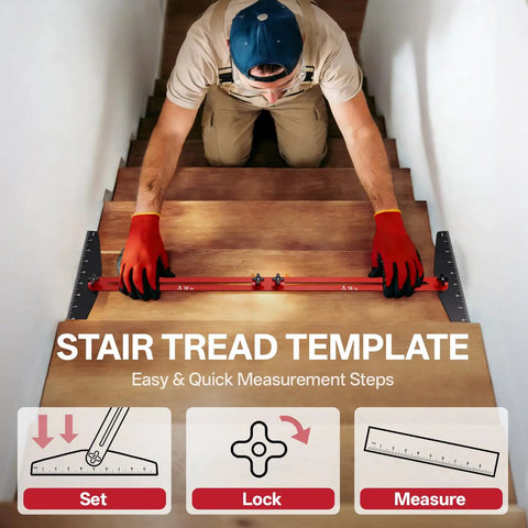 Heavy Duty Adjustable Stair Tread Gauge Template Tool 10 To 67 Inch Precision Aluminum Measuring Jig in use on stairs.