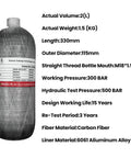 4500 Psi Carbon Fiber 2L HPA Paintball Tank System side view with specifications, CE approved, light carbon fiber, 5yr inspection, refill-ready