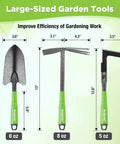 Front view of six-piece garden tool set with heavy duty hand tools and soft rubber handles including trowel, rake, and hoe.