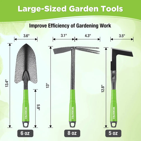 Front view of six-piece garden tool set with heavy duty hand tools and soft rubber handles including trowel, rake, and hoe.