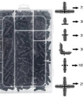 300 Piece Drip Irrigation Fittings Kit With Barbed Connectors For Garden Pots And Greenhouse in plastic box with labeled parts