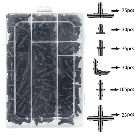 300 Piece Drip Irrigation Fittings Kit With Barbed Connectors For Garden Pots And Greenhouse in plastic box with labeled parts