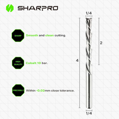 SHARPRO 1/4 in shank spiral downcut router bit; solid carbide endmill for wood inlay and grooving, 2 in CL, 4 in OVL