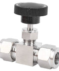 1/2 in stainless steel needle valve with black knob and dual compression fittings