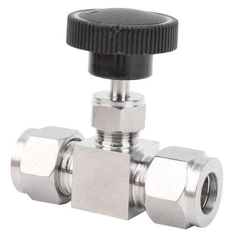 1/2 in stainless steel needle valve with black knob and dual compression fittings
